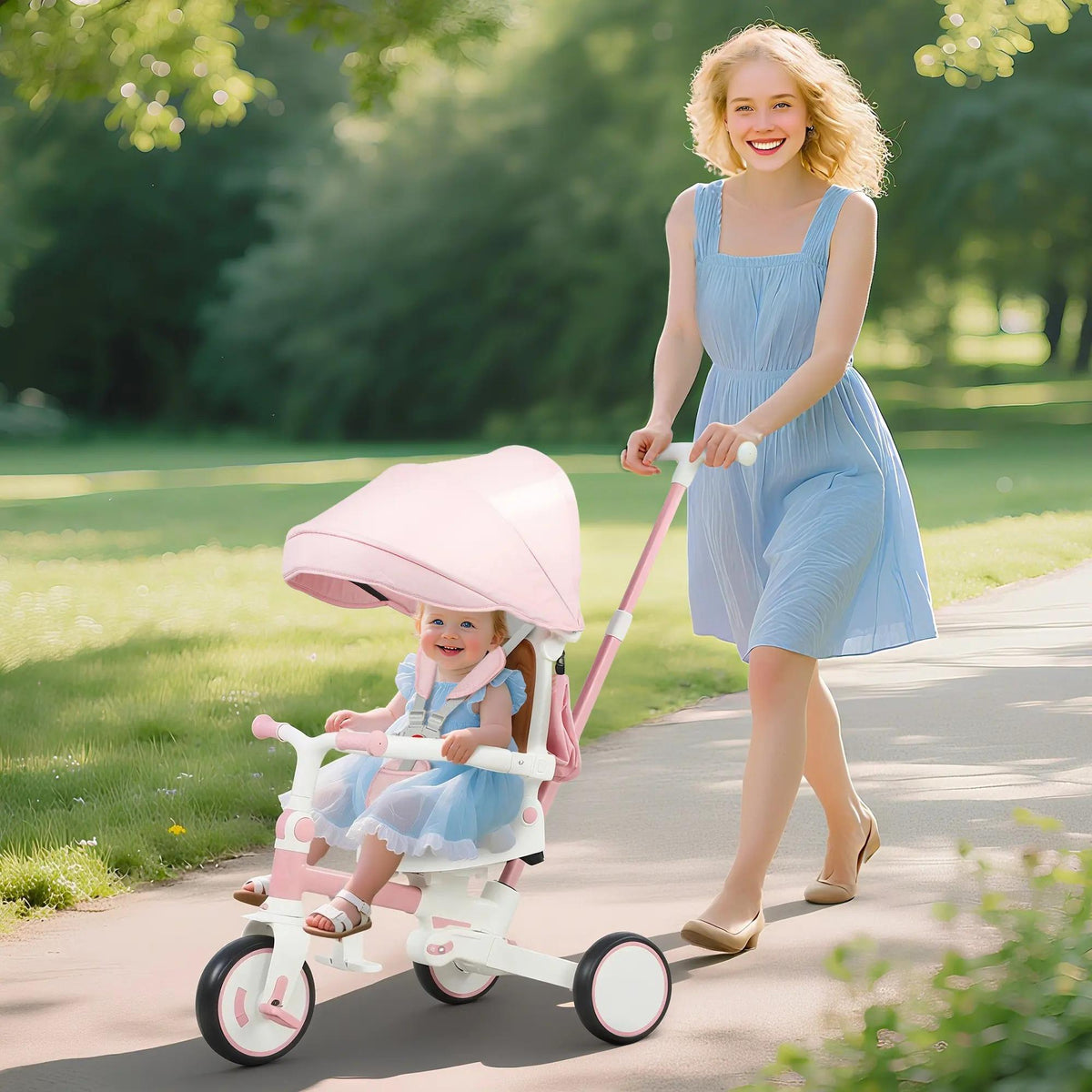 5‑in‑1 Grow‑With‑Kid Foldable Toddler Tricycle Stroller, Convertible Kids Ride‑On Trike with 5‑Point Safety Harness, Adjustable Push Handle & UV Protection Canopy, Compact Outdoor Toy for Family Outings, Ages 1‑3 Years Old