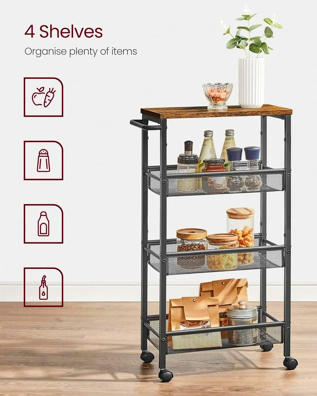 4‑Tier Slim Rolling Storage Trolley Cart, Space‑Saving Utility Organiser Rack with Wheels & Handle, Sturdy Steel Frame Storage Shelf for Small Spaces, Kitchen, Bathroom, Living Room, Studio Apartment
