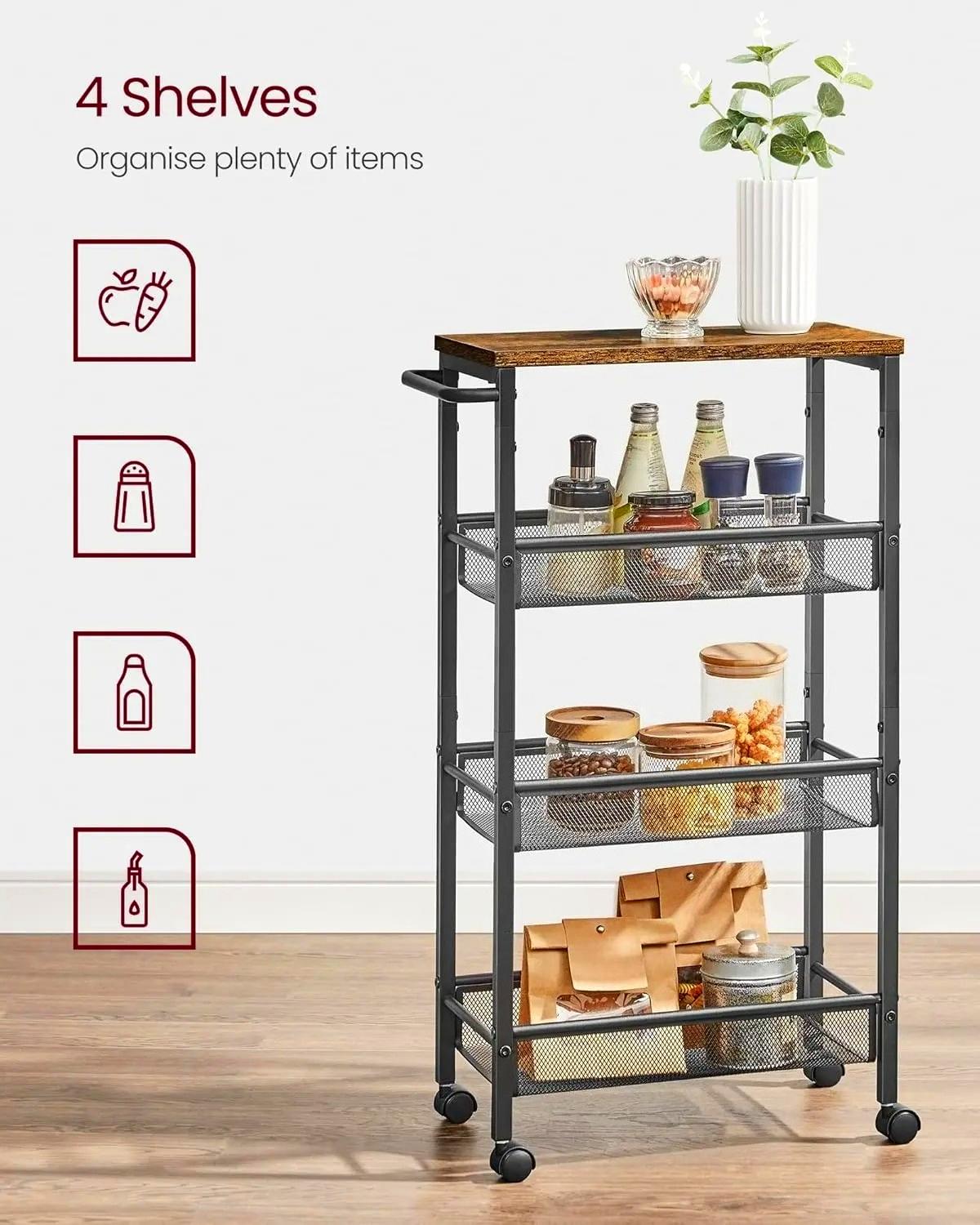 4‑Tier Slim Rolling Storage Trolley Cart, Space‑Saving Utility Organiser Rack with Wheels & Handle, Sturdy Steel Frame Storage Shelf for Small Spaces, Kitchen, Bathroom, Living Room, Studio Apartment