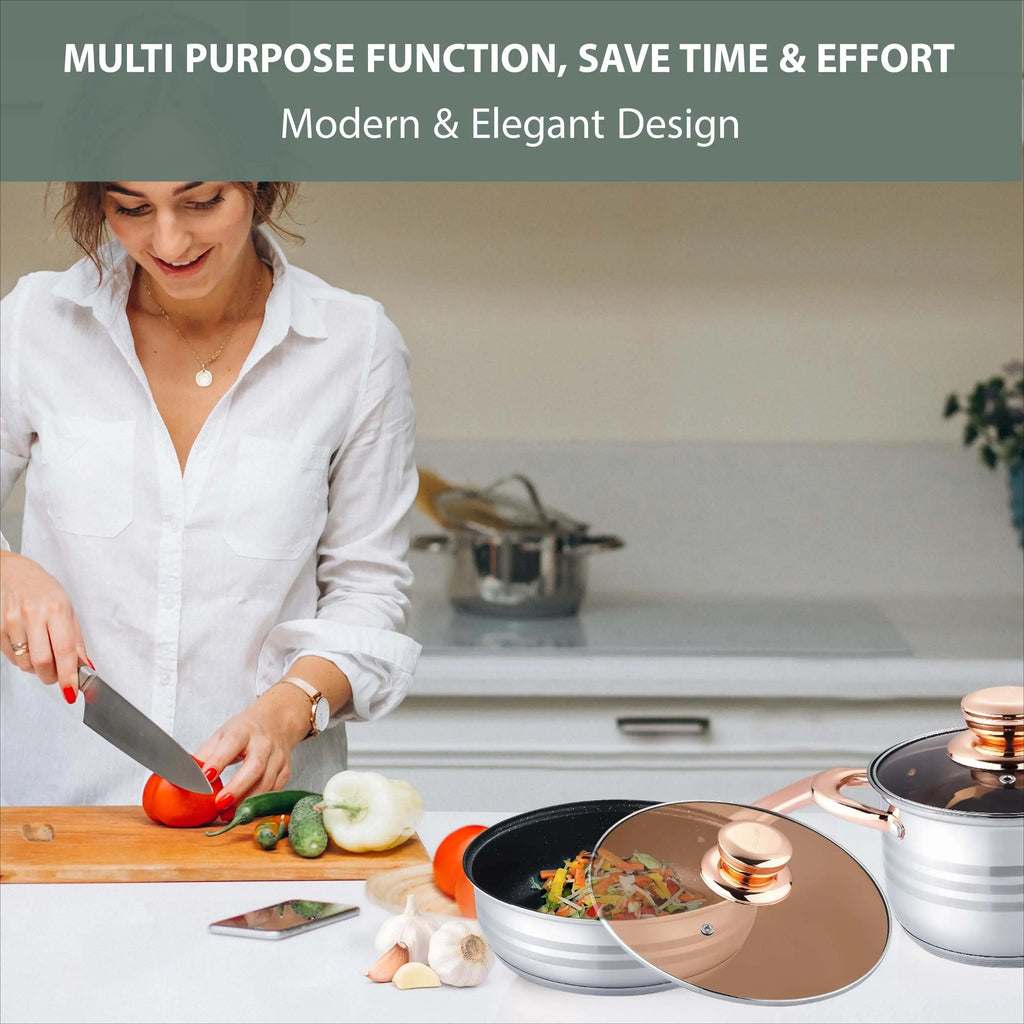 12‑Piece Stainless Steel Cookware Set with Glass Lids, Non‑Stick Casserole & Stockpot, Rose Gold Handles, Induction Compatible Kitchen Cooking Pots Set