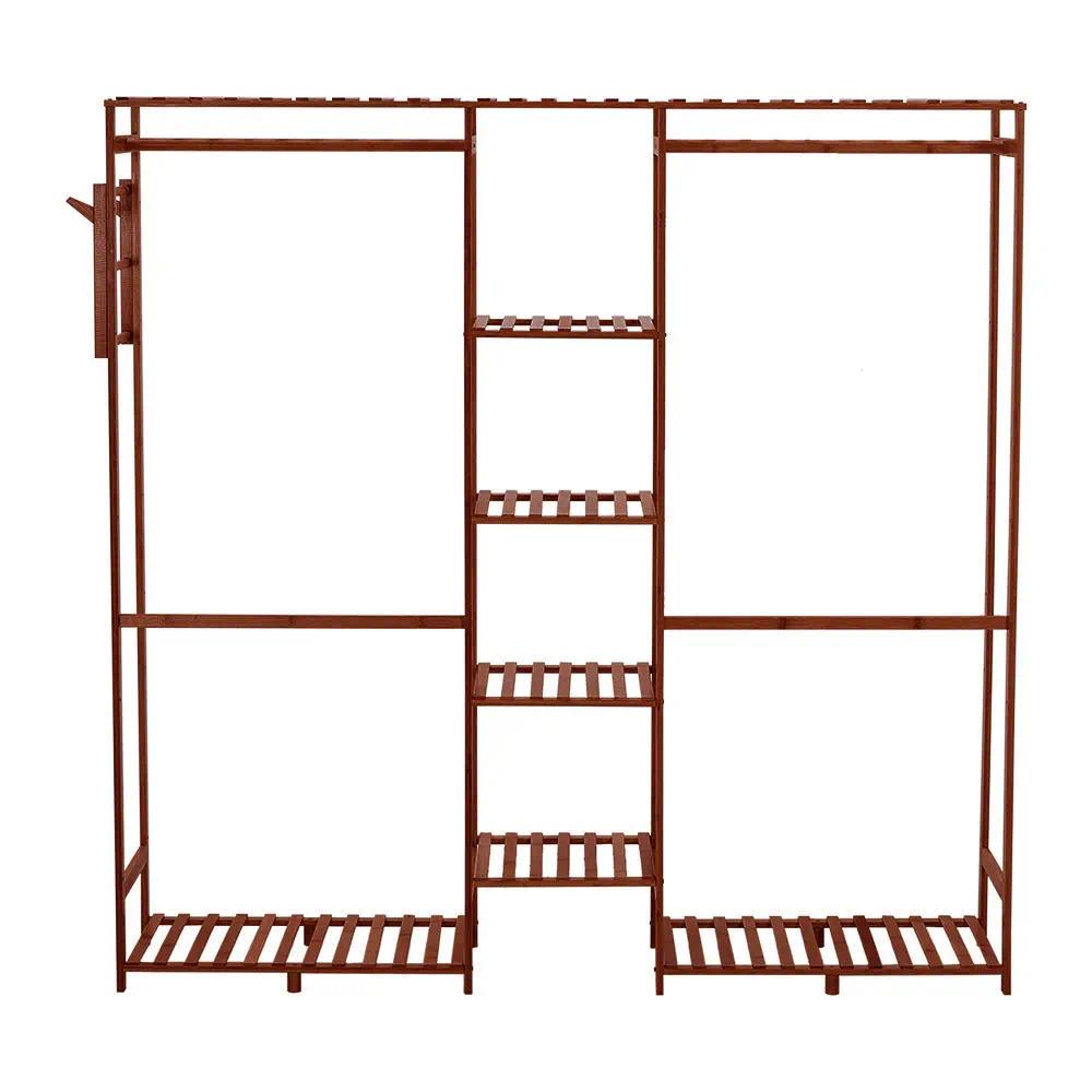 Freestanding Wood Open Garment Rack, Multi‑Storage Clothes Rack with 2 Hanging Rods, Trouser Holder & Multi‑Tier Shelves, Clothing Organizer for Bedroom Entryway Dressing Room