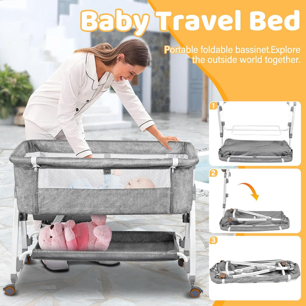 Portable Newborn Bassinet Cot - Adjustable Height Baby Bedside Sleeper with Storage Bag Mosquito Net & Mattress Foldable Travel Crib for Infant [Plus A Free Gift]