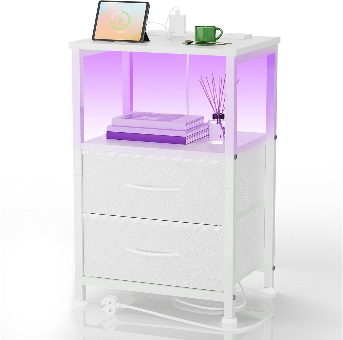 40cm Wide Bedside Table with USB Charging Station & LED Lights, 2 Fabric Drawers Nightstand, Slim End Table for Small Spaces, Bedroom, Living Room, Rustic Brown [Plus A Free Gift]