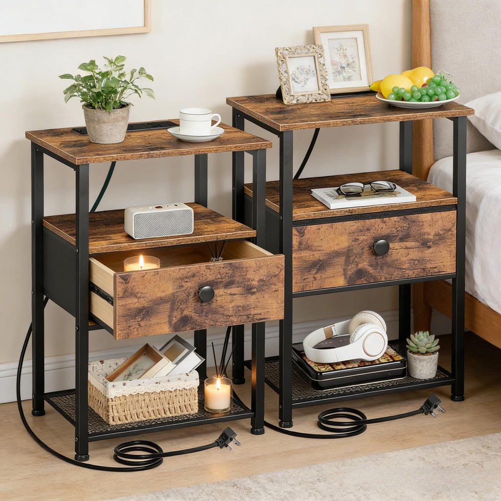 Bedside Table Set of 2 with Charging Station, Nightstand with 2 AC Outlets & USB Ports, Fabric Drawer Night Stand with Open Storage Shelf, Small Side End Table for Bedroom Living Room, Small Space Furniture, Black / Brown