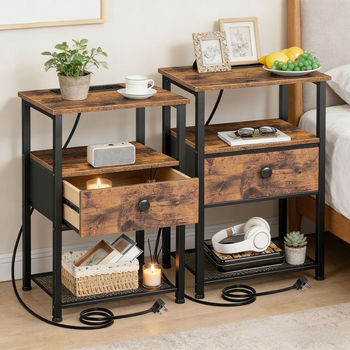 Bedside Table Set of 2 with Charging Station, Nightstand with 2 AC Outlets & USB Ports, Fabric Drawer Night Stand with Open Storage Shelf, Small Side End Table for Bedroom Living Room, Small Space Furniture, Black / Brown