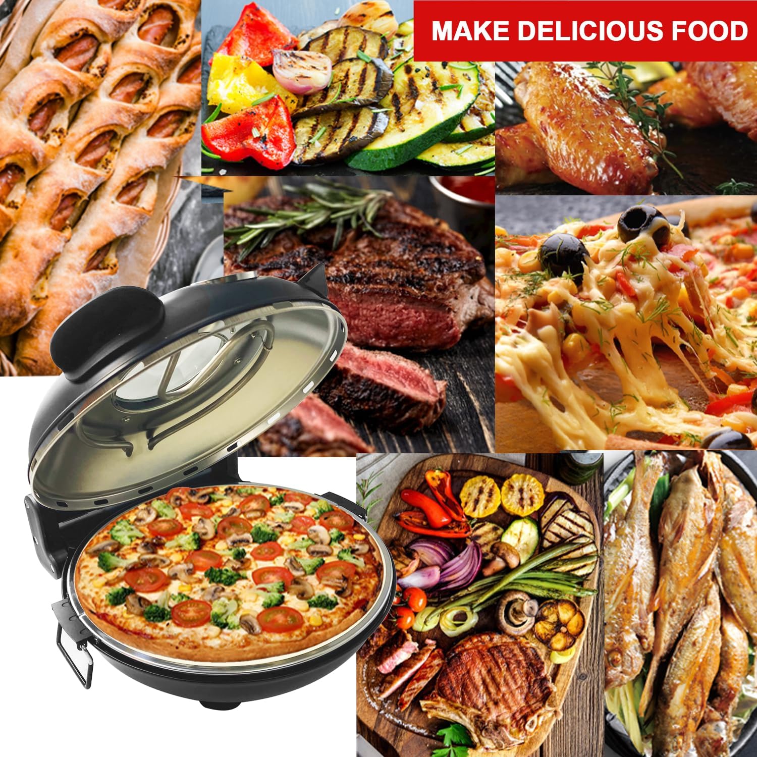 【NS】Electric Pizza Oven, 420°C, 1200 Watt, 5 Separately Adjustable Temperature Levels, 31 cm Flame Resistant Stone Plate