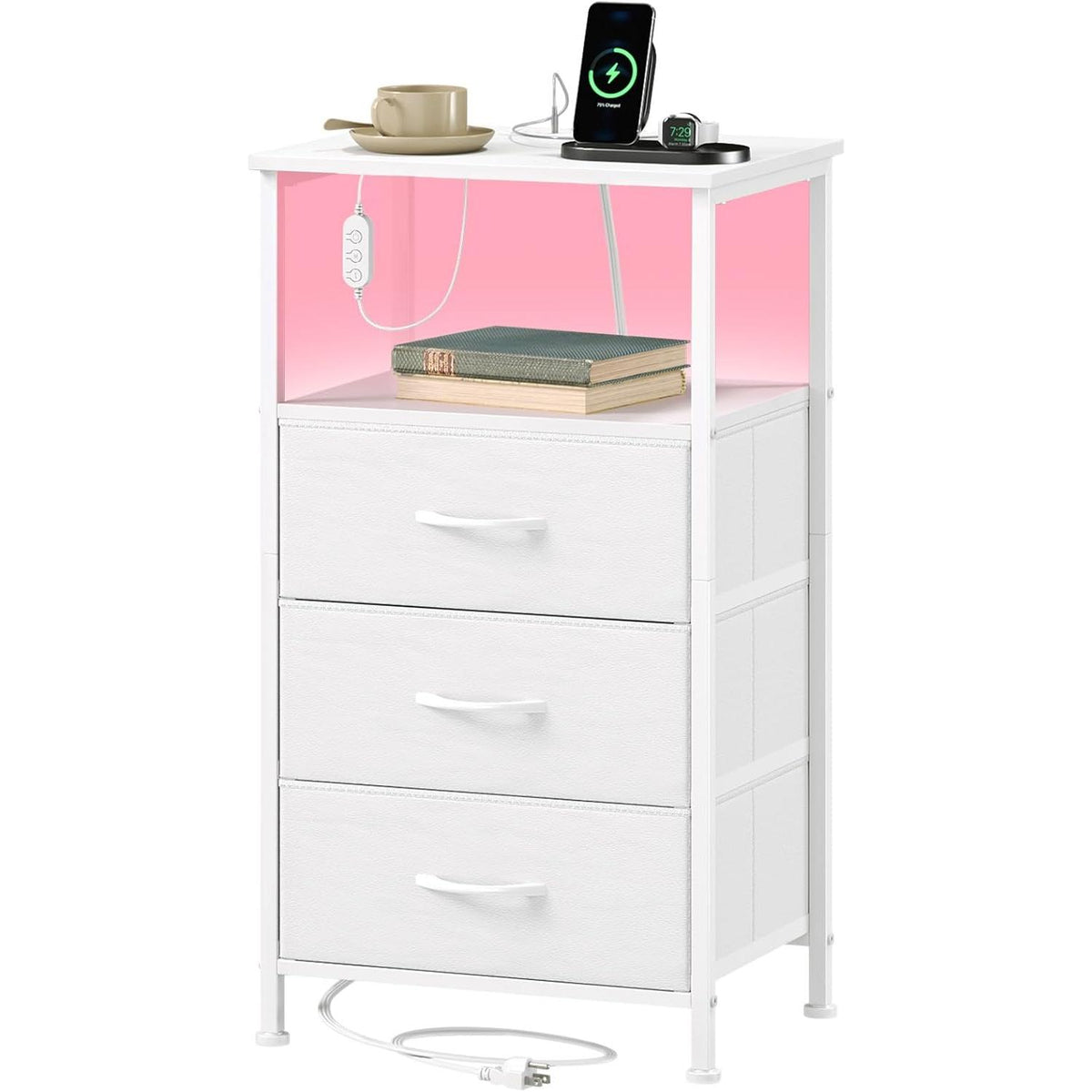 Multi-Functional USB Charging Chest with LED Light - 3 Drawer Bedside Table, Bedroom Storage Cabinet with 2 Outlets & 2 USB Ports, Charging Station for Dorm, Kids Room, Nightstand, Closet Organizer, Black [Plus A Free Gift]
