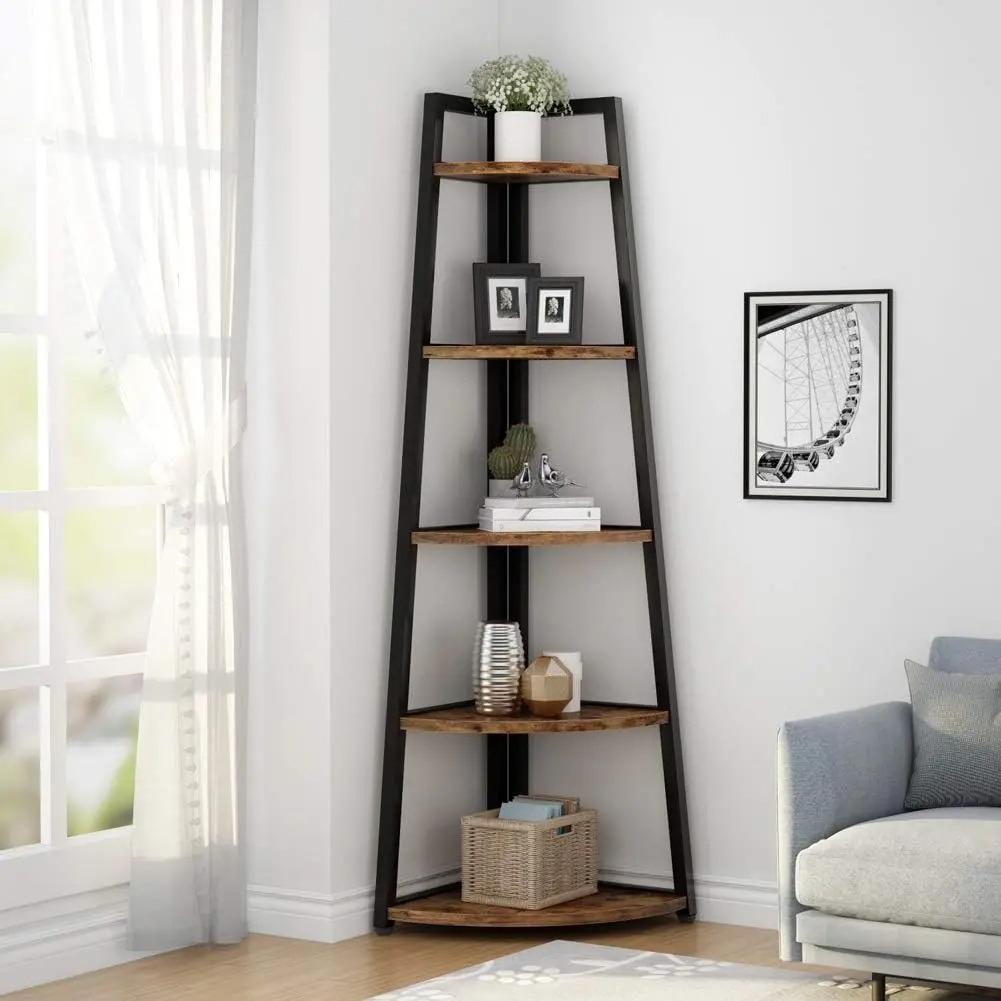 70 Inch Tall 5-Tier Corner Bookshelf, Ladder Style Open Storage Bookcase with Sturdy Metal Frame, Smooth Round Edge Freestanding Corner Organizer Rack for Living Room Bedroom Kitchen Home Display