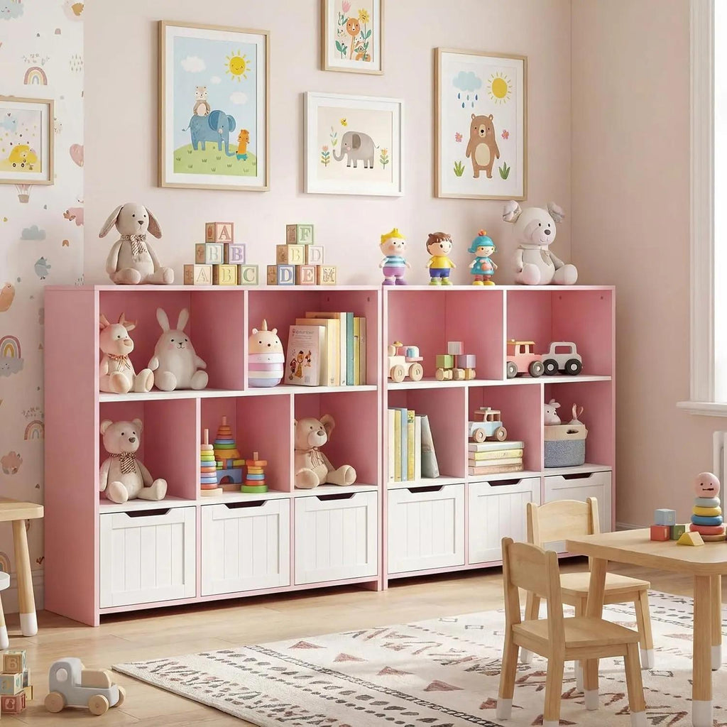 Wooden Kids Toy Storage Organizer Bookcase, 5 Open Cubes with 3 Rolling Wheeled Drawers, Multi‑Purpose Children Storage Cabinet for Playroom Kids Bedroom Nursery