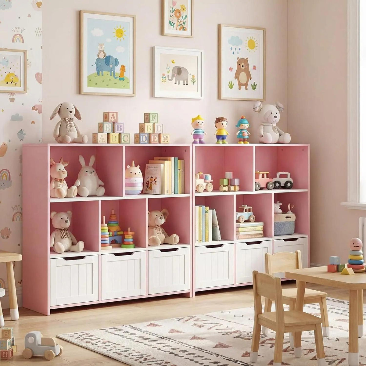 Wooden Kids Toy Storage Organizer Bookcase, 5 Open Cubes with 3 Rolling Wheeled Drawers, Multi‑Purpose Children Storage Cabinet for Playroom Kids Bedroom Nursery