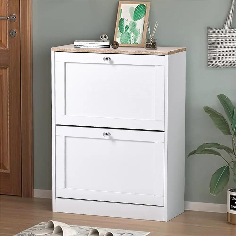 58cm Wide Shoe Storage Cabinet with 2 Flip‑Down Drawers, White Wooden Narrow Shoe Organizer, Slim Hidden Footwear Storage Cabinet for Entryway Hallway Living Room, Holds Up to 12 Pairs of Shoes