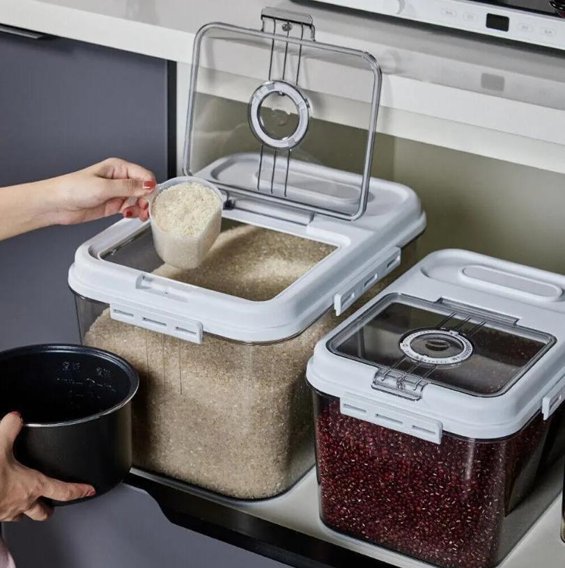 7.5KG/15KG Airtight Rice Storage Container, BPA-Free Transparent Grain Bucket with Airtight Lid & Measuring Scoop, Large Sealed Dry Food Dispenser Bin for Flour Rice Nuts, Kitchen Clear Plastic Grain Storage Organizer