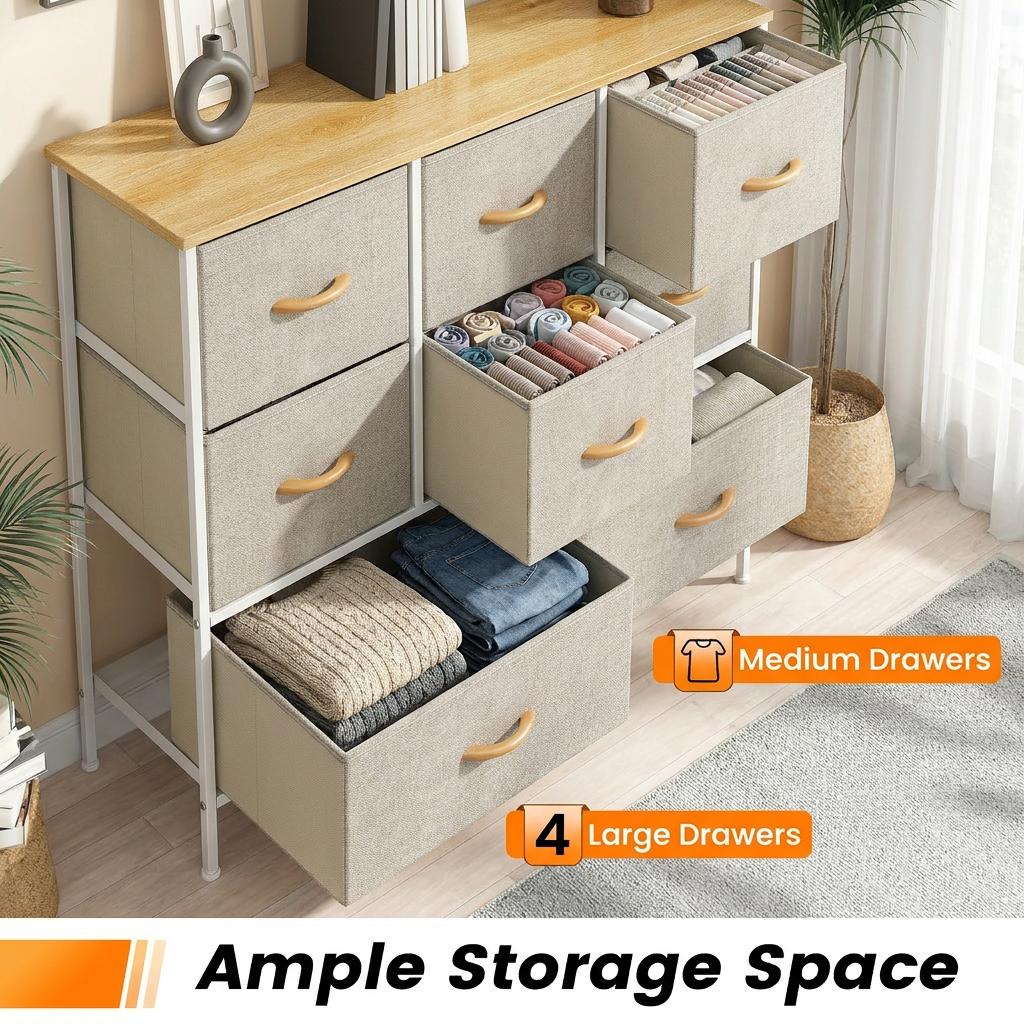 10-Drawer Fabric Storage Tower with Metal Frame & MDF Top, Non-Woven Organiser for Bedroom, Living Room, Hallway – Beige/White/Wood Tone (100x30x97cm)