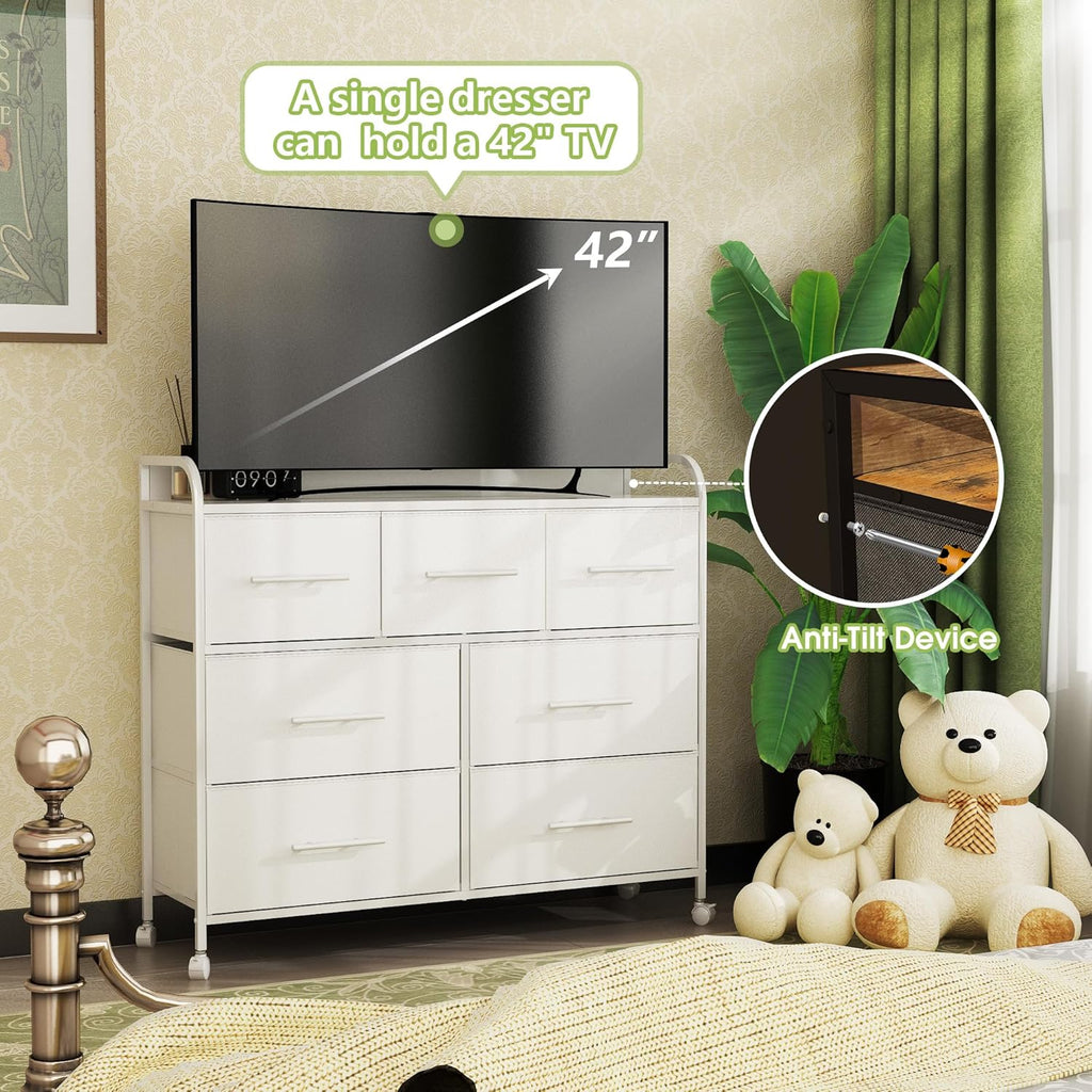 【NS】Bedroom Chest of Drawers, 7 Fabric Drawers, Clothing Storage Cabinet with 4 Castors, Wood Top and Metal Frame, for Living Room