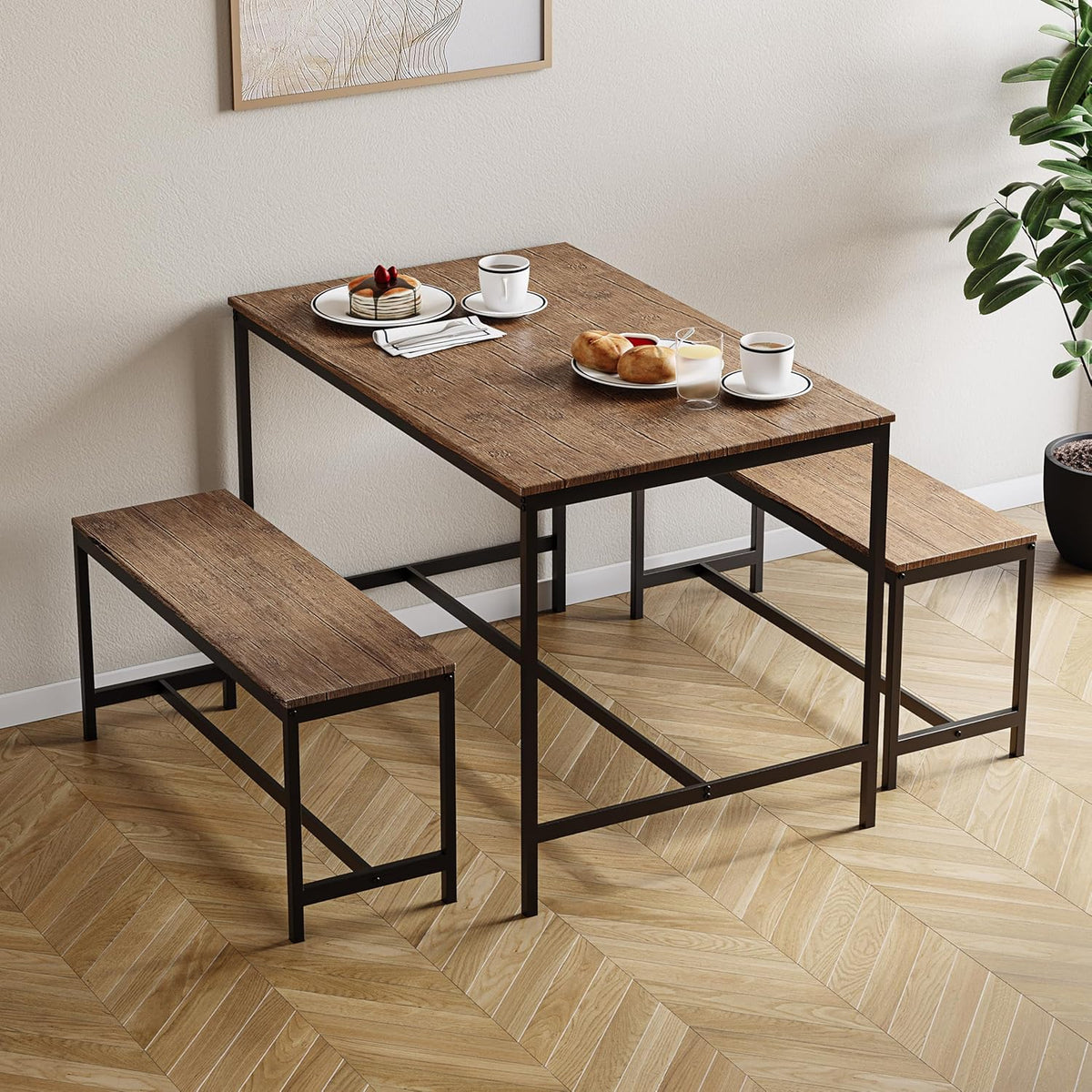 4 Seater Dining Set | Dark Wood | 3 Piece Dining Room Complete Set | 75H x 110W x 70D cm | with 2 Benches | Rustic | Solid Metal Frame | Industrial Design