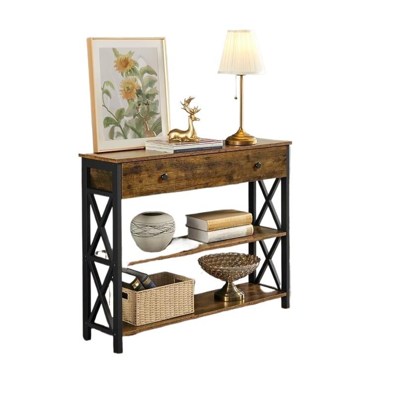 Industrial Vintage Console Table with Drawer & 2 Open Shelves, Multifunctional Shoe Storage Cabinet for Living Room Hallway Bedroom