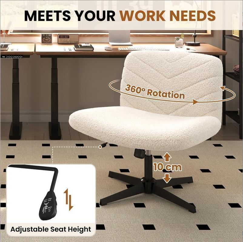 Armless Wide‑Seat Swivel Desk Chair, Adjustable Height X‑Base Mid‑Back Task Chair, Comfy Vanity Chair for Home Office, Study & Makeup