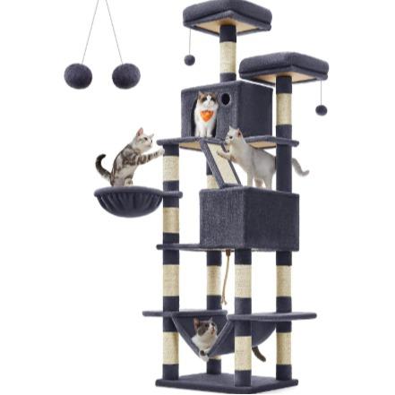 Tall Large Cat Tree 206 cm, Multi‑Level Plush Cat Tower with 13 Sisal Scratching Posts, Scratching Ramp, 2 Perches, 2 Cat Caves, Basket & Hammock, Interactive Pom‑pom Toys for Indoor Multi‑Cat Households