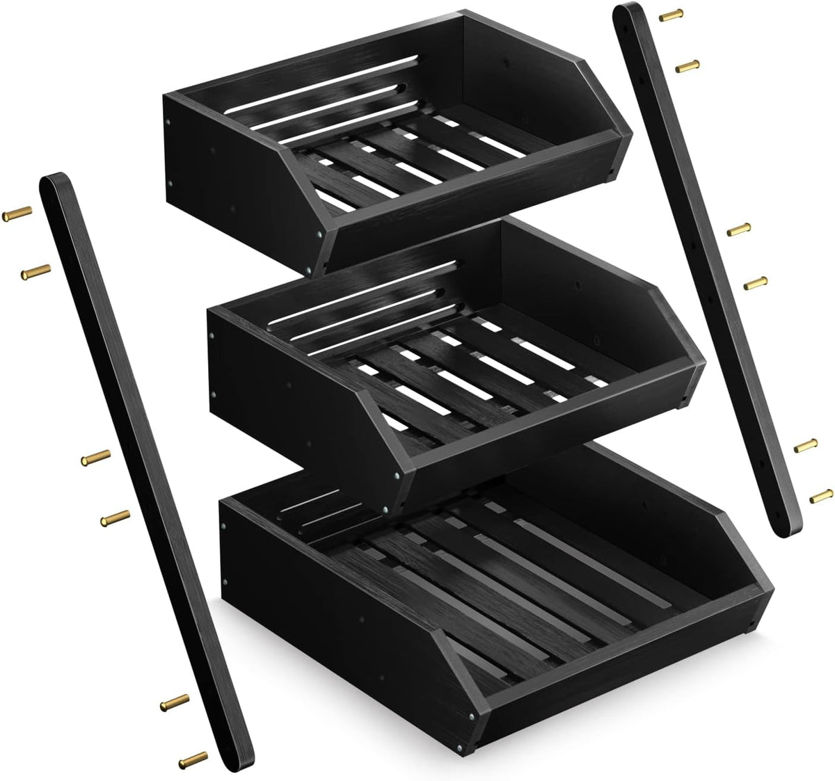 3-Tier Bamboo Fruit Basket Bowl Holder, Bread Vegetables Storage Stand for Kitchen Countertop, Snacks  in Home Kitchen and Office, Black