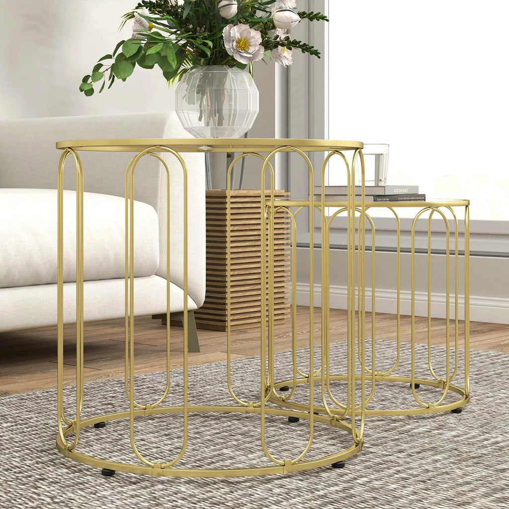 2‑Piece Nesting Coffee Table Set, Round Tempered Glass Side Tables, Gold Tone Sturdy Metal Frame Stacking Tea Table, Modern Decor Nest of Tables for Living Room Bedroom Office Small SpacesW