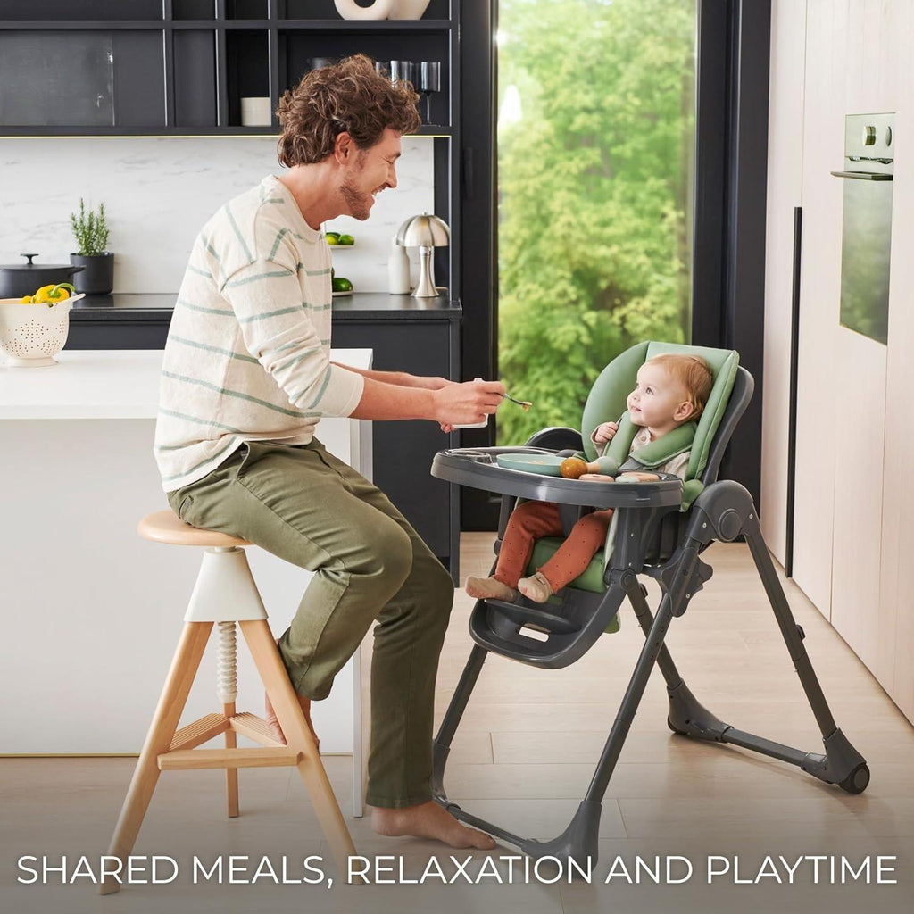 2-in-1 Baby High Chair & Bouncer from Birth, Fold-Flat Convertible Highchair with 7 Height Levels, 4 Recline Positions, Newborn Insert, 3-Position Adjustable Tray, 5-Point Safety Harness, Lockable Wheels & Detachable Toy Bar for Infant Toddler Feeding Pla