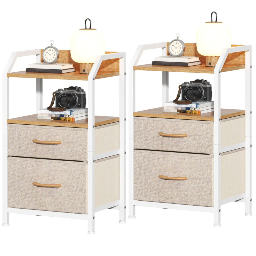 Set of 2 Rustic Industrial Nightstands, Wood and Metal Bedside Table with Drawers & 2 Open Storage Shelves, Multi-Purpose End Table Sofa Side Table, Bedside Organizer Cabinet for Bedroom Living Room Small Spaces
