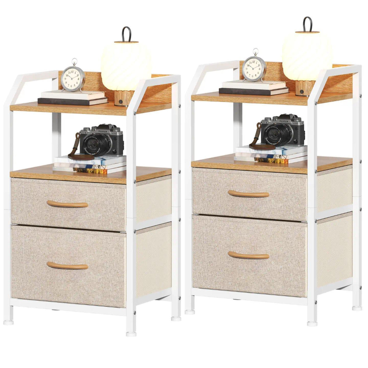 Set of 2 Rustic Industrial Nightstands, Wood and Metal Bedside Table with Drawers & 2 Open Storage Shelves, Multi-Purpose End Table Sofa Side Table, Bedside Organizer Cabinet for Bedroom Living Room Small Spaces