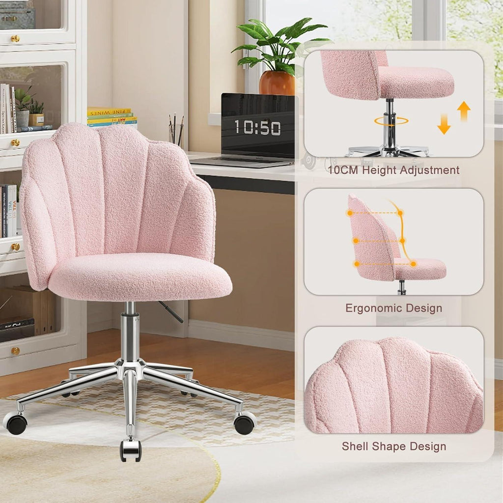Shell‑Shaped Teddy Fabric Vanity Chair, White & Pink 360° Swivel Height Adjustable Makeup Desk Chair with Silent Wheels, Padded Rolling Armchair for Bedroom Dressing Room Home Office