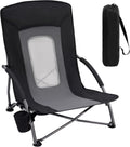 CZHMBM Folding Beach Chairs Low Lightweight Portable for Adults Foldable Beach Seat Camping Festival Picnic Deck Chair Outdoor Collapsible with Cupholder Mesh Back Padded Armrests Supports 150KG