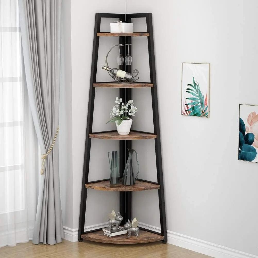 70 Inch Tall 5-Tier Corner Bookshelf, Ladder Style Open Storage Bookcase with Sturdy Metal Frame, Smooth Round Edge Freestanding Corner Organizer Rack for Living Room Bedroom Kitchen Home Display