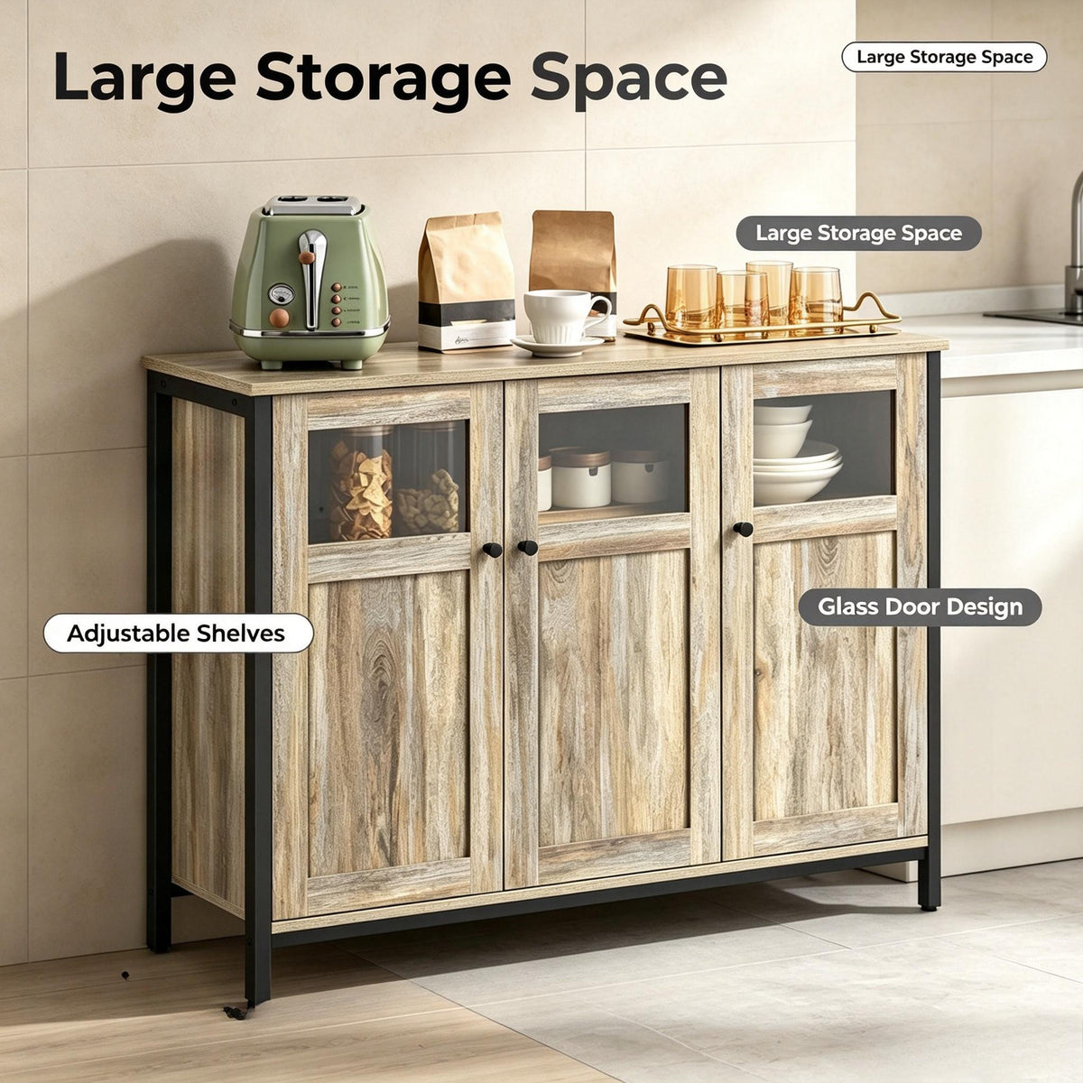 Industrial Style Sideboard Buffet Cabinet, Glass & Solid Panel Storage Cabinet with Adjustable Shelf and Robust Steel Frame, Modern Multipurpose Accent Furniture for Kitchen, Hallway, Living Room and Dining Room Decor