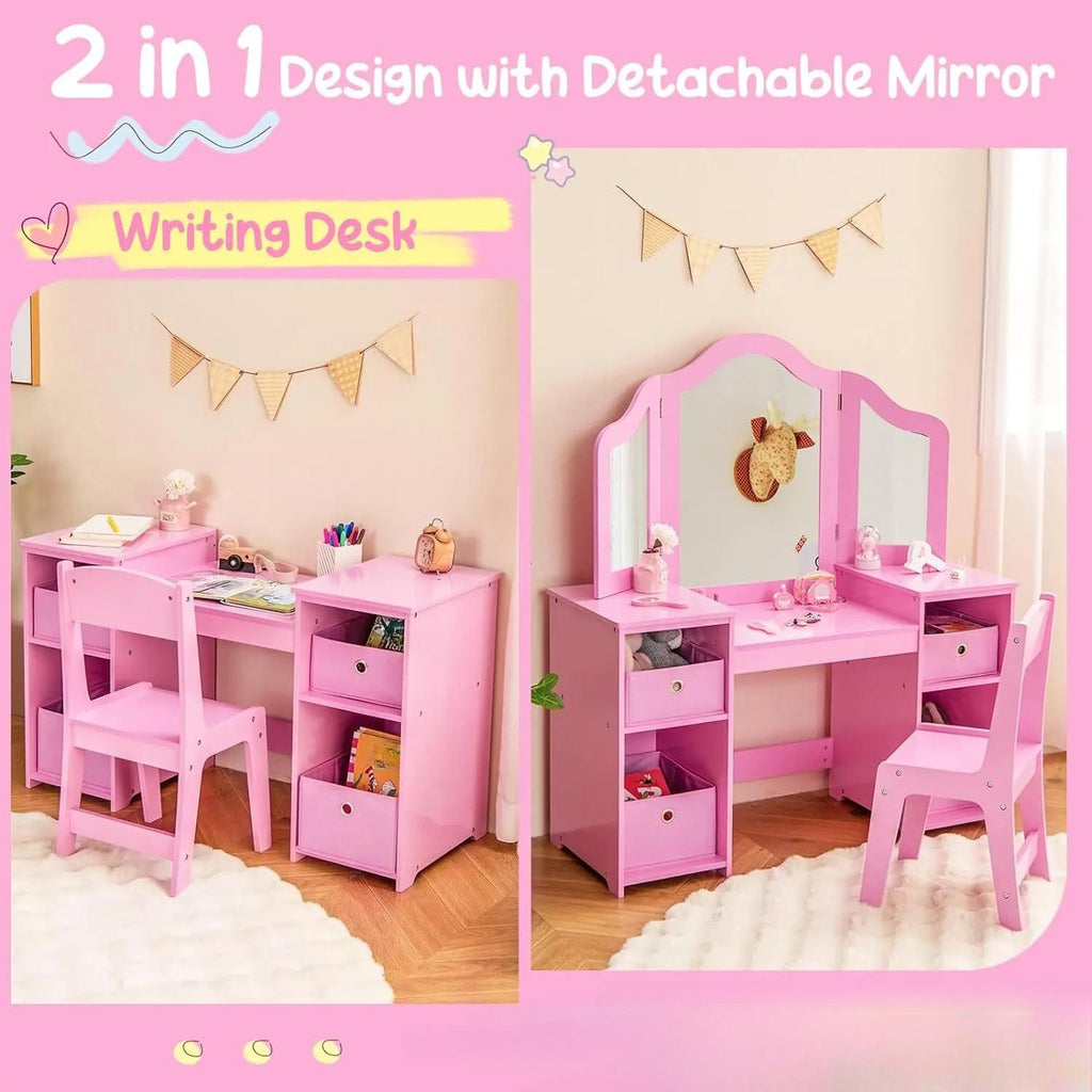 `2‑in‑1 Kids Vanity Table Set, Princess Dressing Desk with Removable Tri‑Fold Mirror, 4 Fabric Storage Bins & Matching Chair, Wooden Pretend Makeup Dresser for Girls for Bedroom Playroom Age 3+`