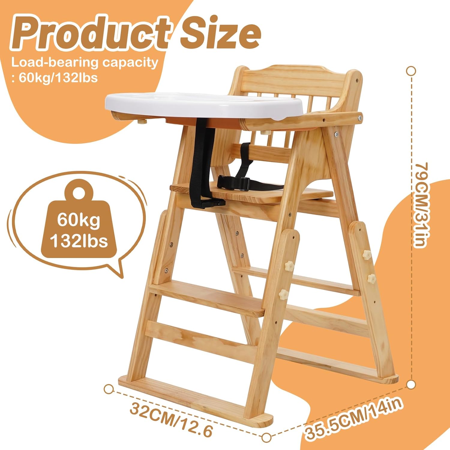 Christmas Gift! 4-in-1 Foldable Wooden High Chair for Babies & Toddlers - Adjustable Height & Footrest, Safety Harness, Detachable Easy-Clean Tray with Soft Cushion, Natural Wood Color