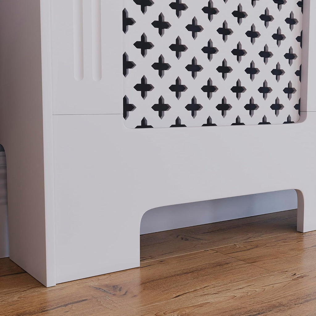 Modern MDF Radiator Cover Small White 82x78x19cm, Traditional Cross Pattern Painted Cabinet with Heat Circulation Grill for Living Room Hallway [Plus A Free Gift]