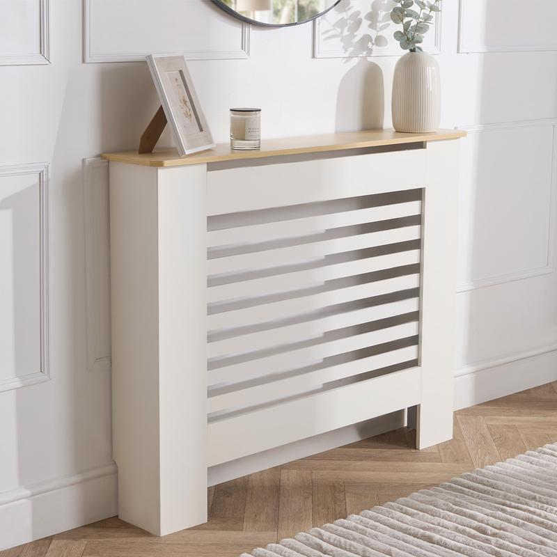 Modern Horizontal Slatted MDF Radiator Cover Grill Shelf Cabinet Black w/ Natural Wood Top for Living Room Hallway Entryway Bedroom Stylish Furniture Protection & Storage