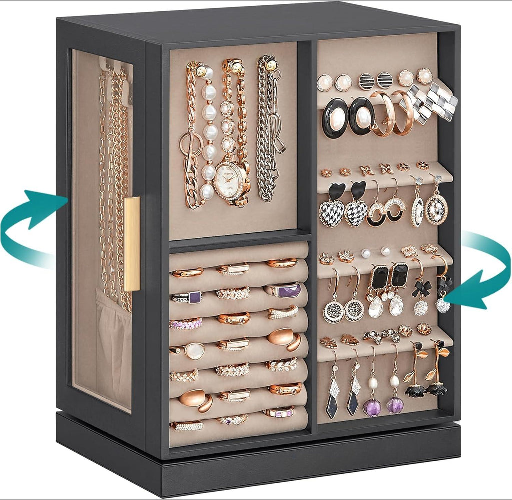 Luxury Cloud 360° Rotating Jewellery Box Organiser, Vertical Large Capacity Jewellery Display Case with 5 Drawers Transparent Window, Open Design Spacious Jewelry Storage Box, Elegant Gift for Women Girls Dresser Desktop Decor