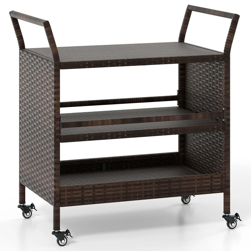 Outdoor Bar Cart, 3‑Tier Patio Rattan Serving Cart with Lockable Universal Wheels, Side Handles & Anti‑Fall Baffles, Versatile Rolling Storage Shelf for Backyard Poolside Porch Party Beverage Dinnerware Organizer