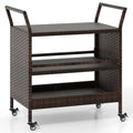 Outdoor Bar Cart, 3‑Tier Patio Rattan Serving Cart with Lockable Universal Wheels, Side Handles & Anti‑Fall Baffles, Versatile Rolling Storage Shelf for Backyard Poolside Porch Party Beverage Dinnerware Organizer