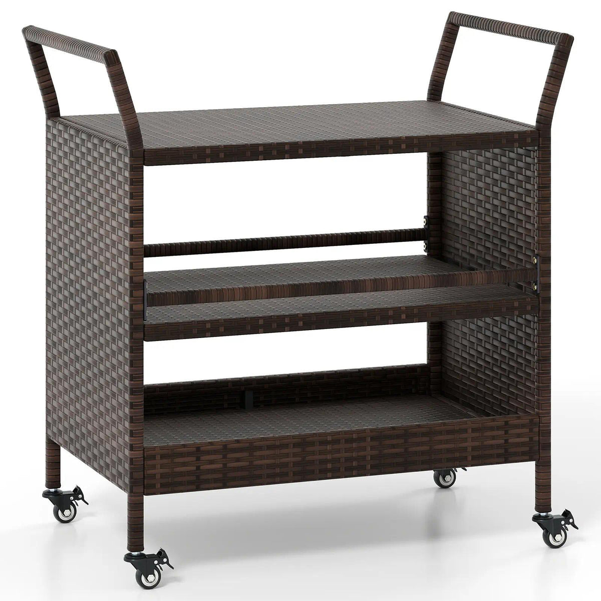 Outdoor Bar Cart, 3‑Tier Patio Rattan Serving Cart with Lockable Universal Wheels, Side Handles & Anti‑Fall Baffles, Versatile Rolling Storage Shelf for Backyard Poolside Porch Party Beverage Dinnerware Organizer