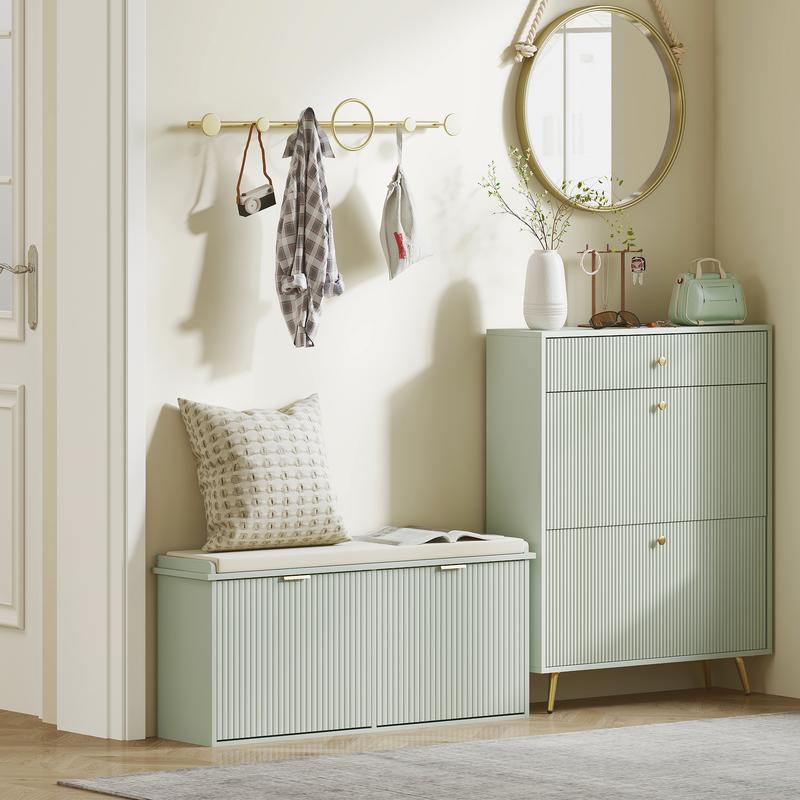 Slim Hallway Shoe Bench with Comfort Padded Linen Seat & 2 Flip-Top Storage Drawers, Heavy Duty Solid Wood Leg Shoe Cabinet Organizer, Anti-Skid Foot Design Narrow Entryway Shoe Storage Bench for Apartment Porch Home