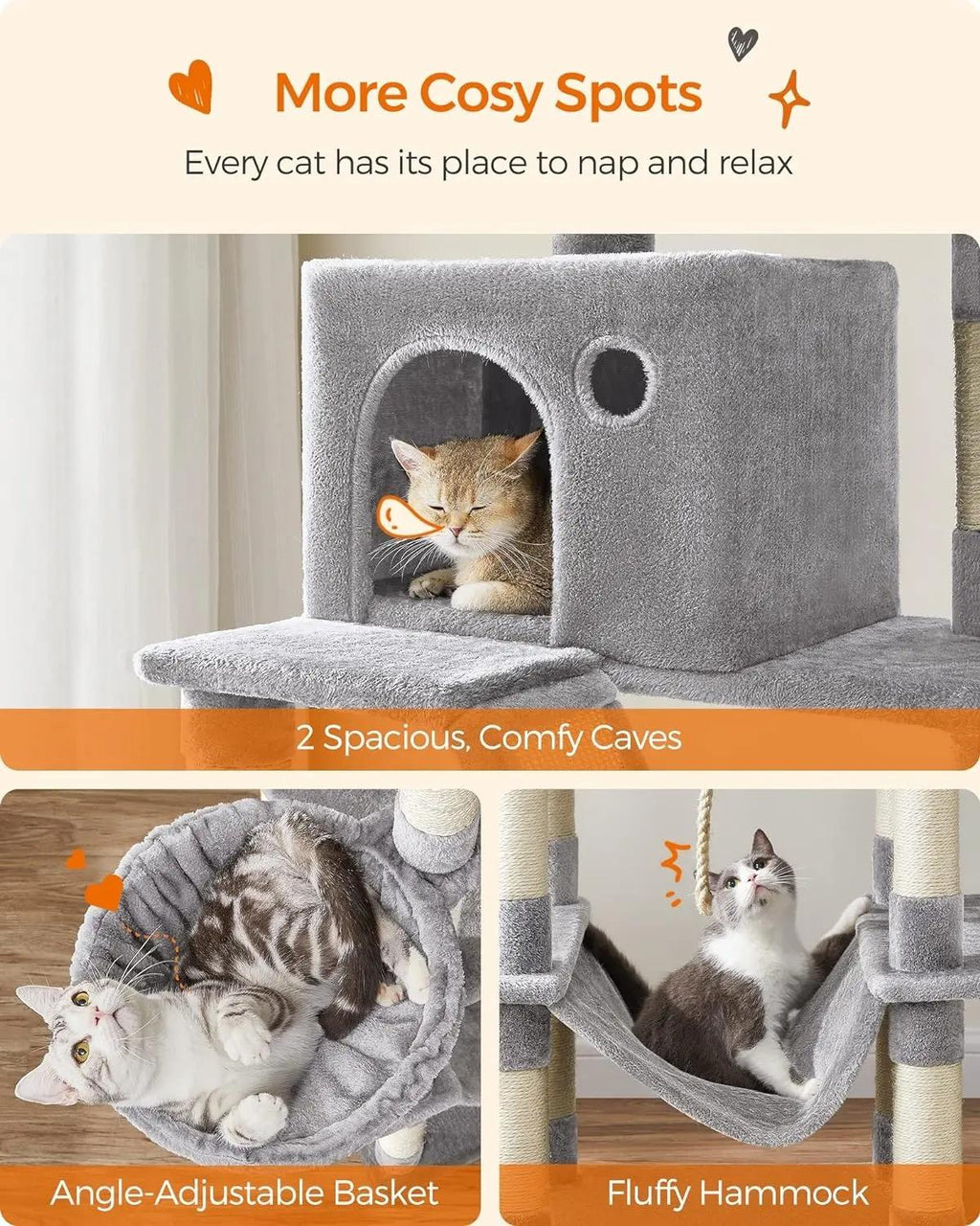 Tall Large Cat Tree 206 cm, Multi‑Level Plush Cat Tower with 13 Sisal Scratching Posts, Scratching Ramp, 2 Perches, 2 Cat Caves, Basket & Hammock, Interactive Pom‑pom Toys for Indoor Multi‑Cat Households