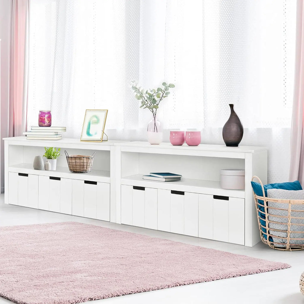 COSTWAY Kids Toy Storage Cabinet, Wooden Playroom Chest with Drawers and Large Open Shelf, Children Room Toys Books Storage Organizer for Boys Girls. For detailed product dimensions, please refer to the size chart in the product description.