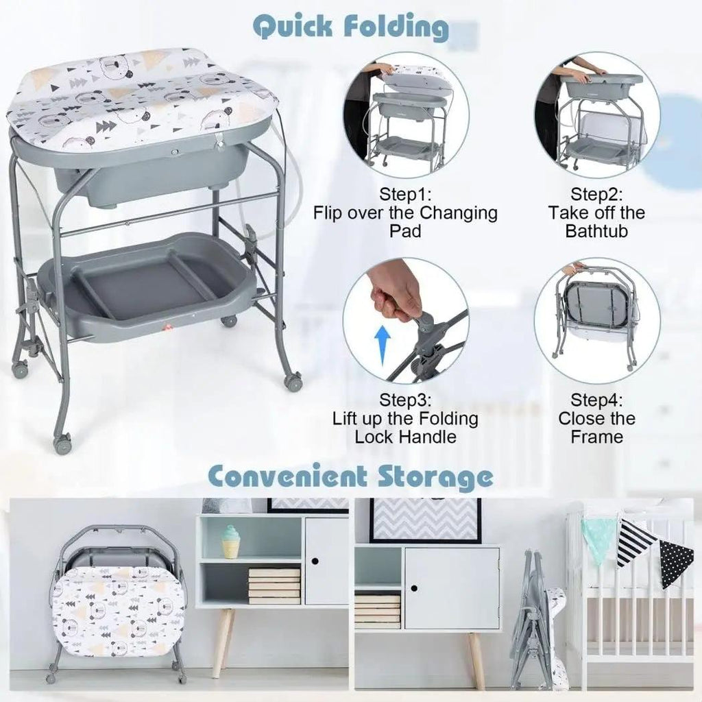 `4‑in‑1 Folding Baby Changing Table, Portable Infant Nursery Station with Built‑in Bath Tub, 4 Universal Rolling Wheels, PVC Changing Pad & Storage Tray, Newborn Massage Diaper Organizer Table`