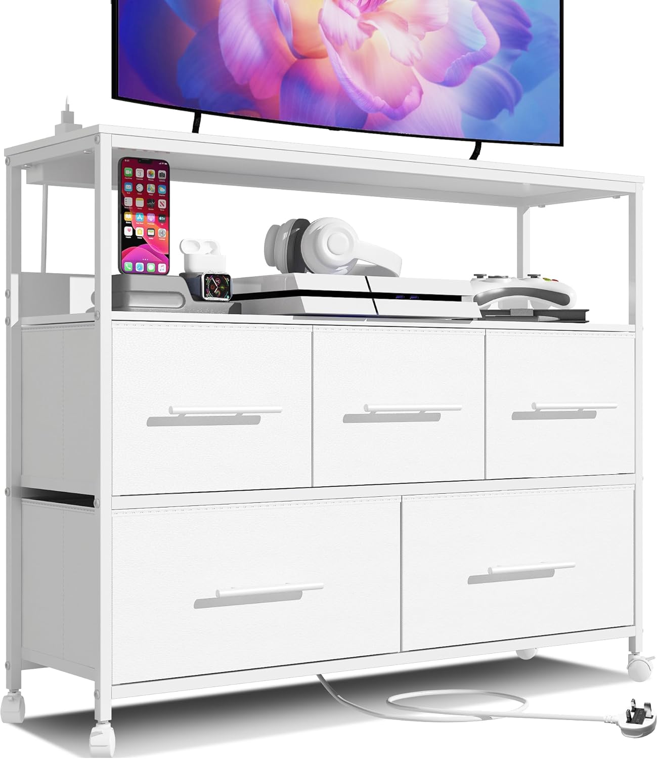 Chest of Drawers with Charging Station, Bedroom Dresser with 5 Fabric Drawers, TV Stand with Storage Shelf, 4 Castors and Metal Frame (Black)