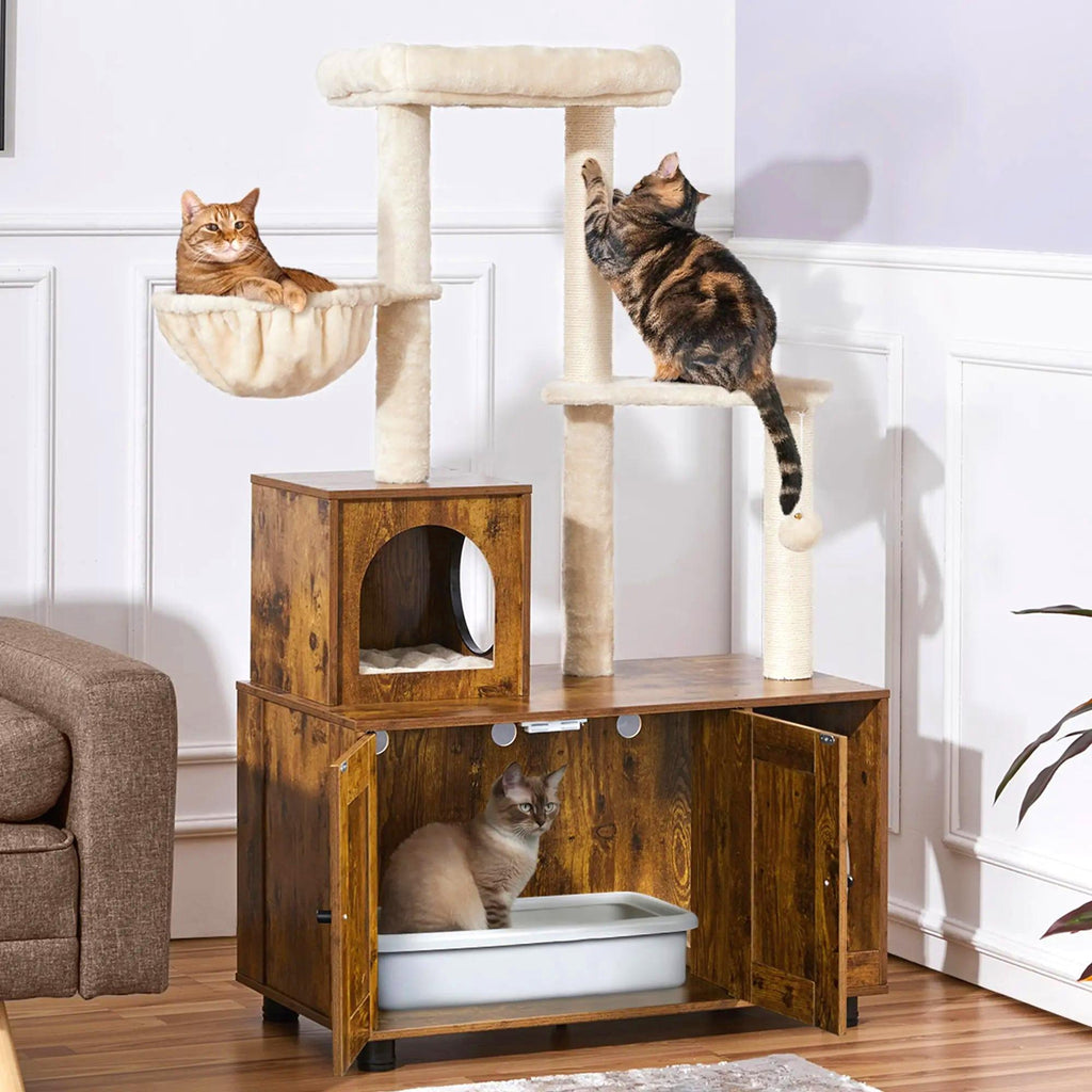 Cat Tree Tower with Hidden Litter Box Enclosure, All‑in‑One Wooden Cat Furniture for Indoor Large Cats, Kitty Washroom Cabinet with Condo, Hammock, Sisal Scratching Posts, Top Perch Platform, Multi‑Level Pet Kitten House