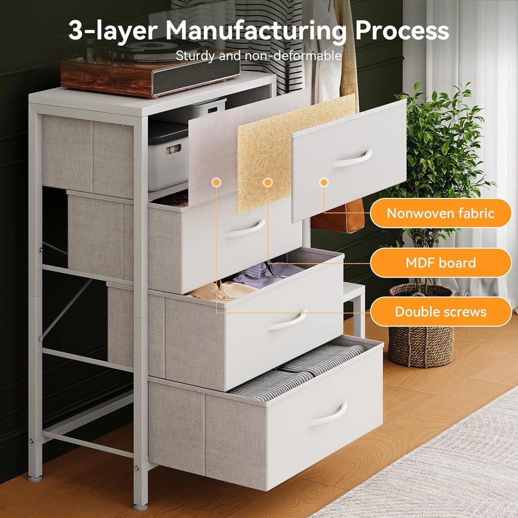 Retro Fabric Chest of Drawers, Multifunctional Storage Dresser with 4 Drawers, Clothes Hanging Rail & 2 Hooks, Double-Layer Shoe Rack Organizer, Stable Frame Storage Cabinet for Bedroom Entryway Home Furniture