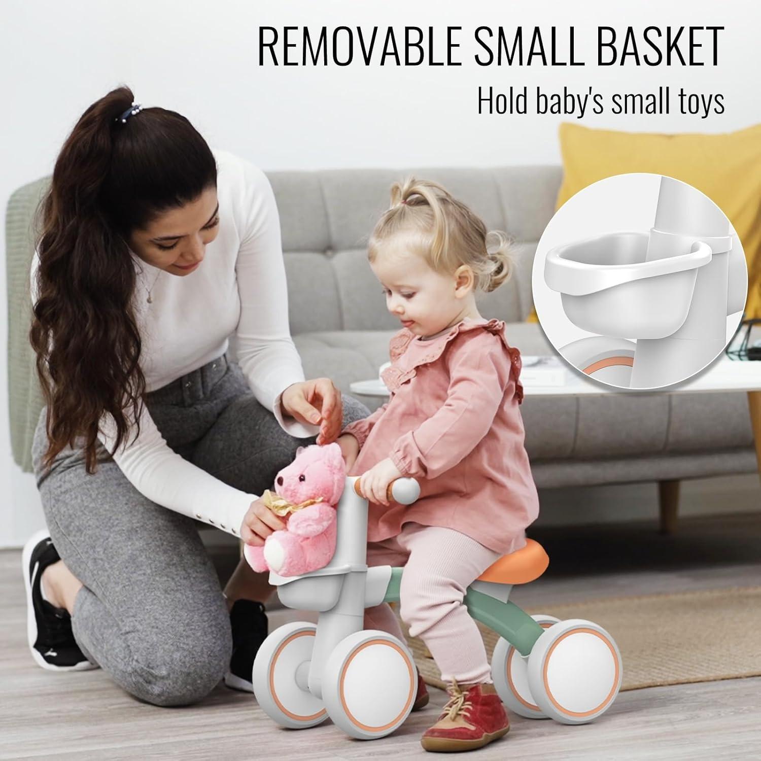 4‑Wheel Baby Balance Bike, No‑Pedal Toddler Ride‑On Toy with Removable Front Basket, 3‑Level Adjustable Seat, Safe Steering Limiter, Stable First Walker for Toddlers 12‑24 Months, Ideal 1st Birthday Gift for Boys & Girls