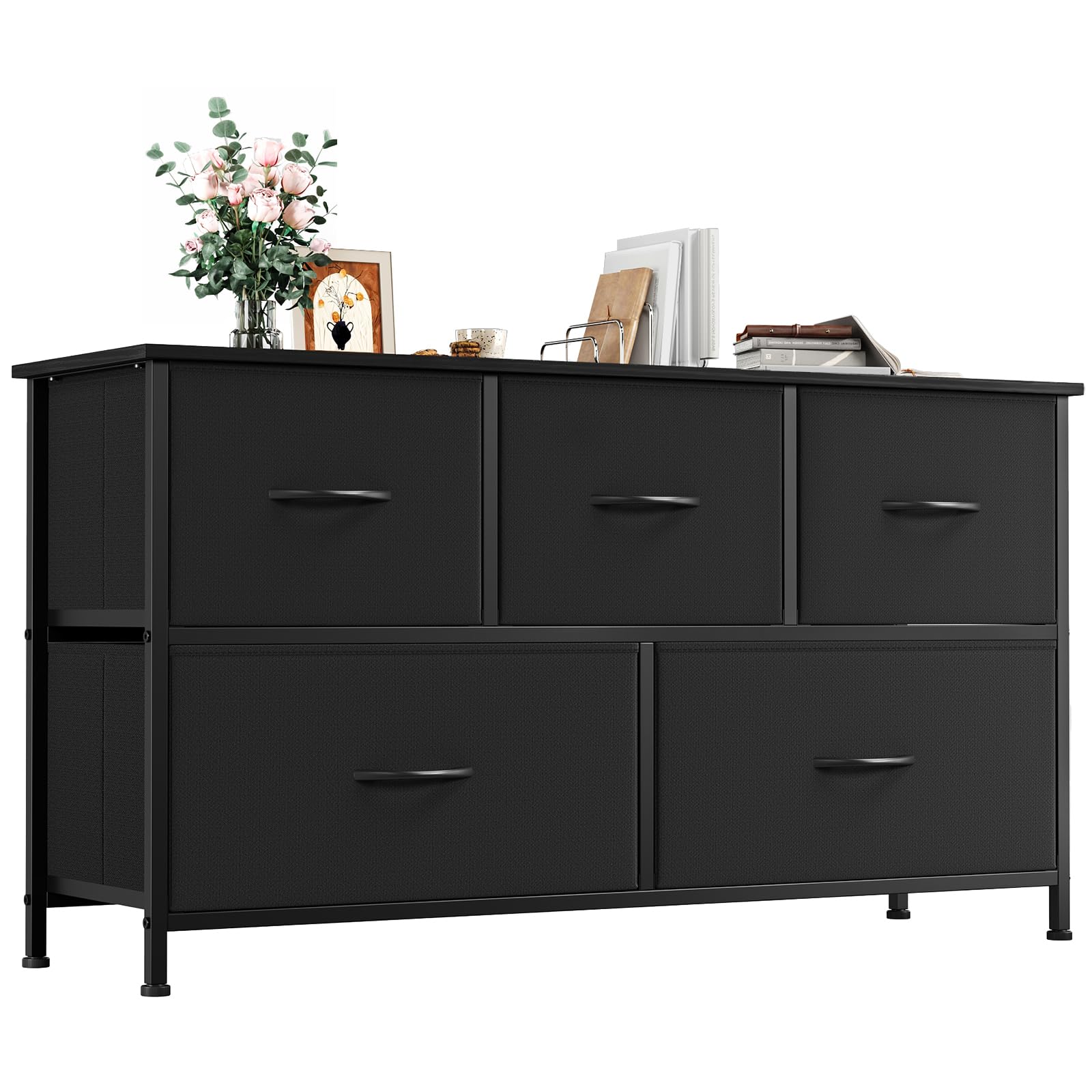 5 Drawers Faux Leather Chest of Drawers Wide Storage Organiser Dresser White Multi-Use Nightstand TV Stand Cabinet for Bedroom Closet Nursery Entryway Hallway 30 x 100 x 55 cm