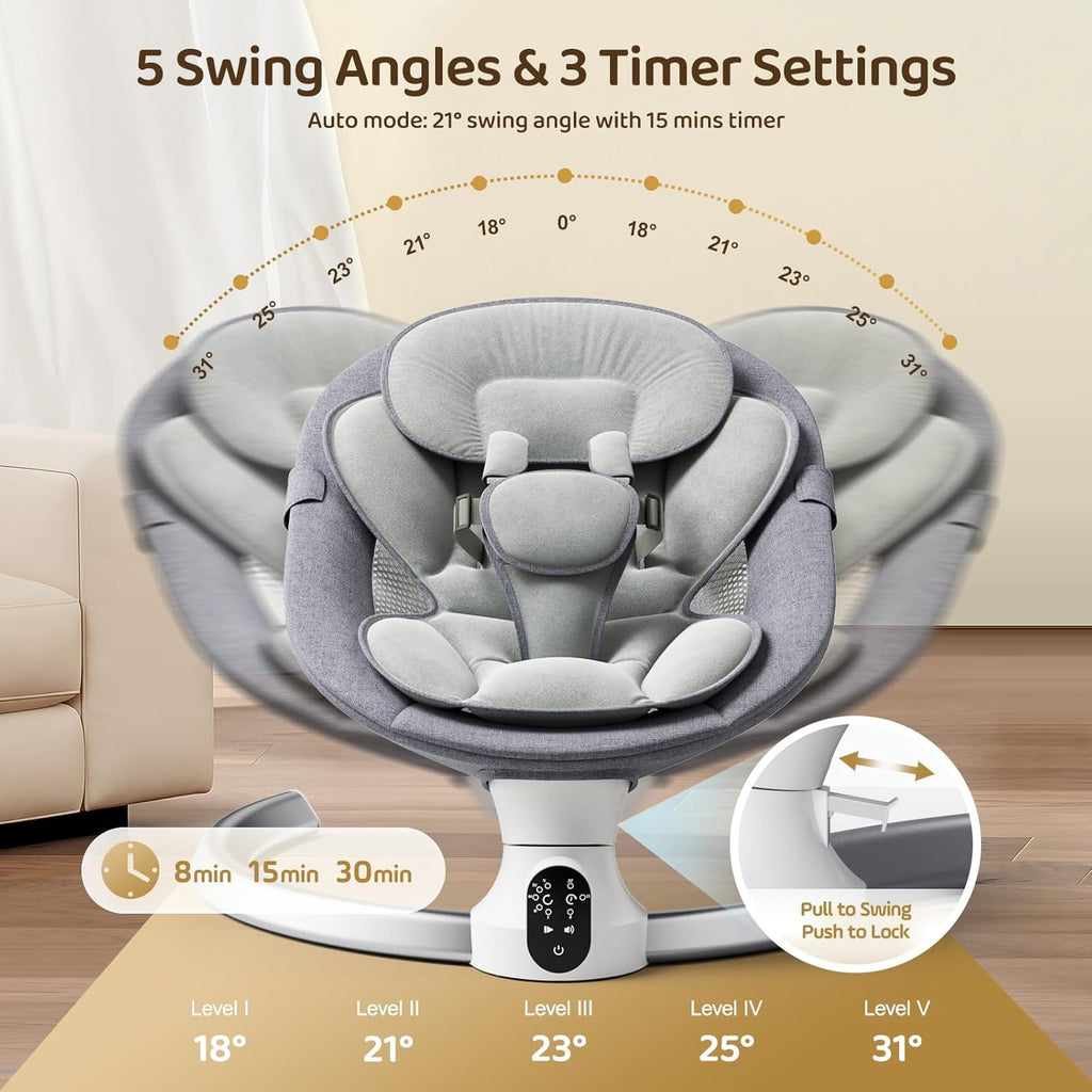 Electric Baby Swing for Infant, Upgraded 5 Point Harness Baby Bouncer Chair with 5 Swing Speeds 3 Timers and 10 Music, APP/Remote/IMD Panel Control Newborn Toddler Swing Chair (Light Grey)