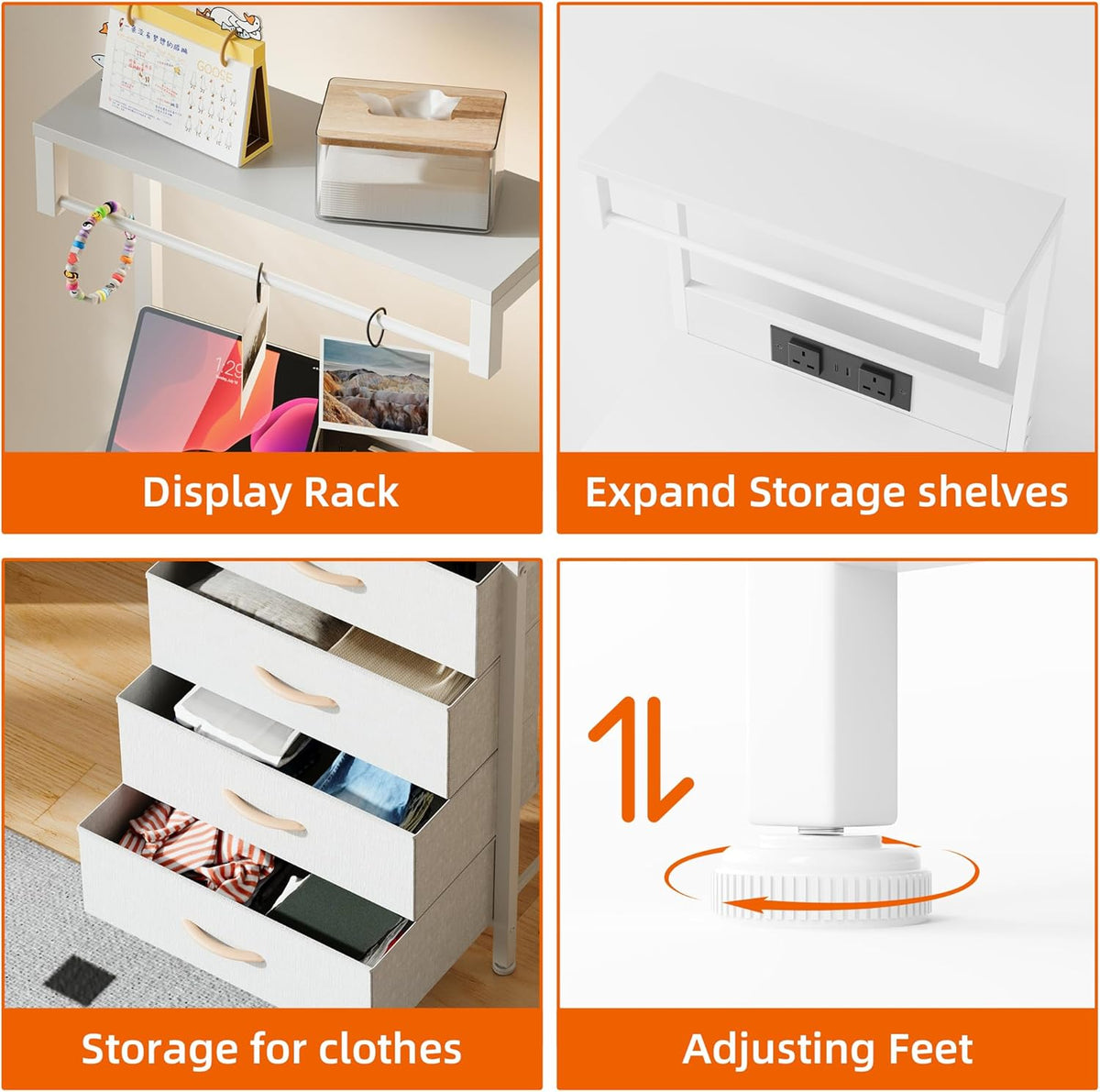 White Bedside Table with Charging Station & LED Light Nightstand 4 Fabric Drawers Wood Shelf Bedside Cabinet Bedroom Side Table Storage Organizer